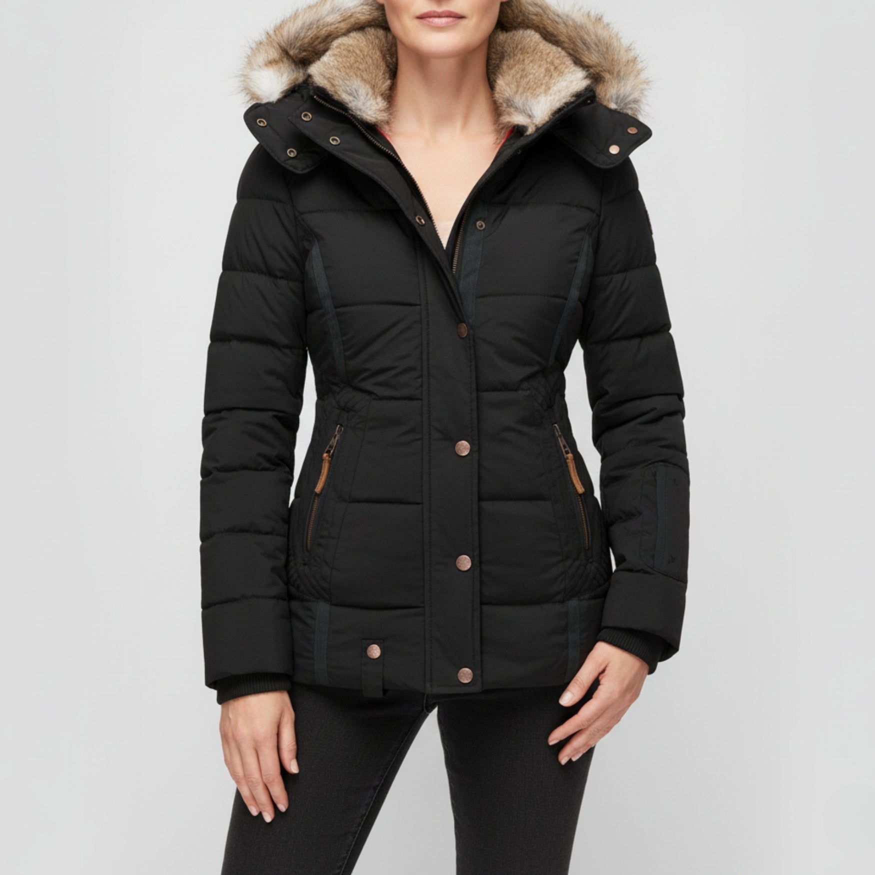 Women’s Parka – Quilted Warmth – Faux Fur Hood – Zip Pockets