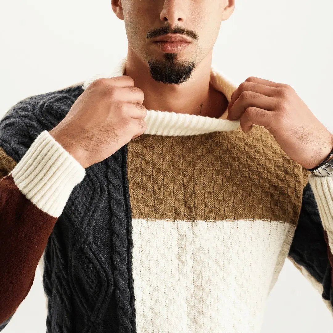 Men’s Knit Sweater – Colorblock Design – Mock Neck – Soft & Warm Texture
