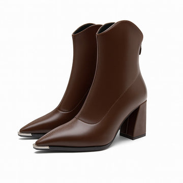 Women’s Boots – Sleek Synthetic Leather – Block Heel – Pointed Toe