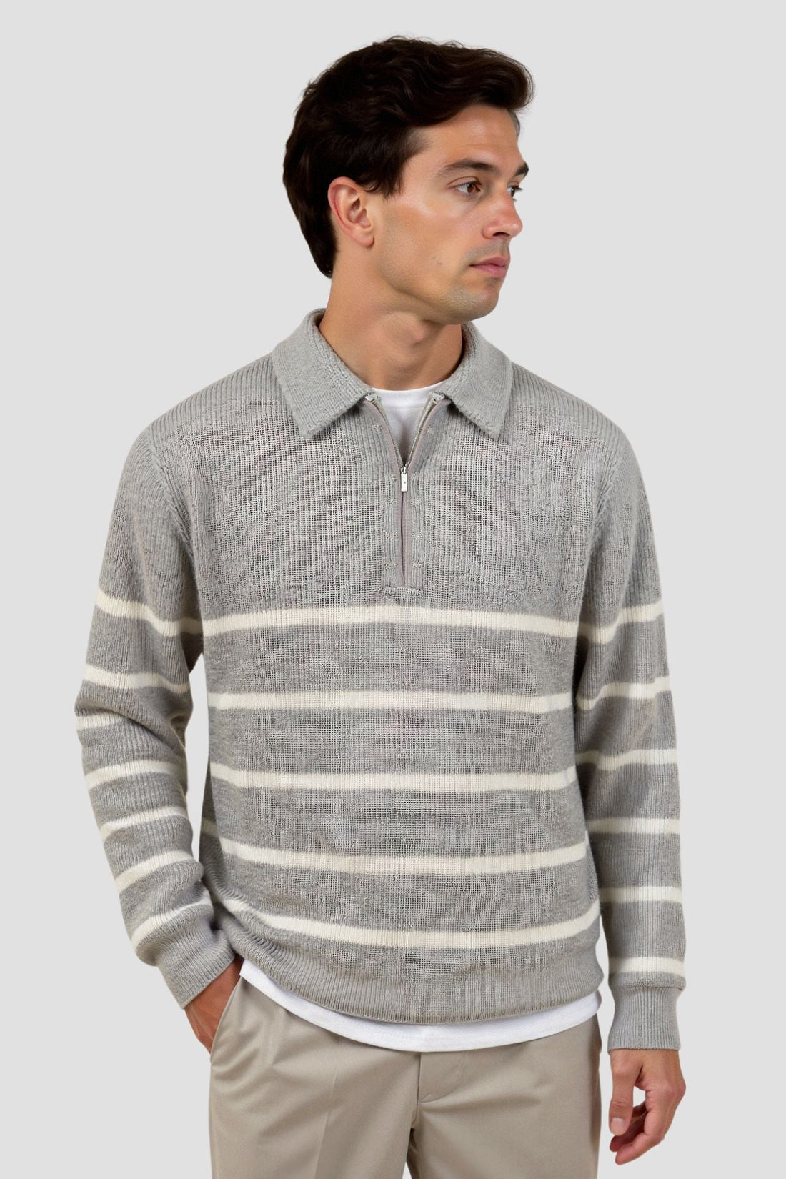 Men’s Knit Sweater – Soft Texture – Quarter Zip – Striped Design