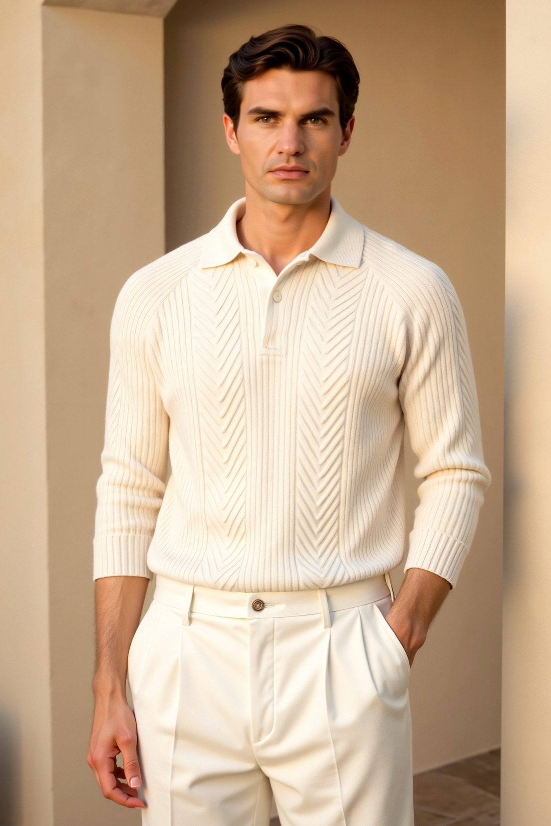 Men’s Knit Sweater – Cable Texture – Polo Collar – Soft Yarn