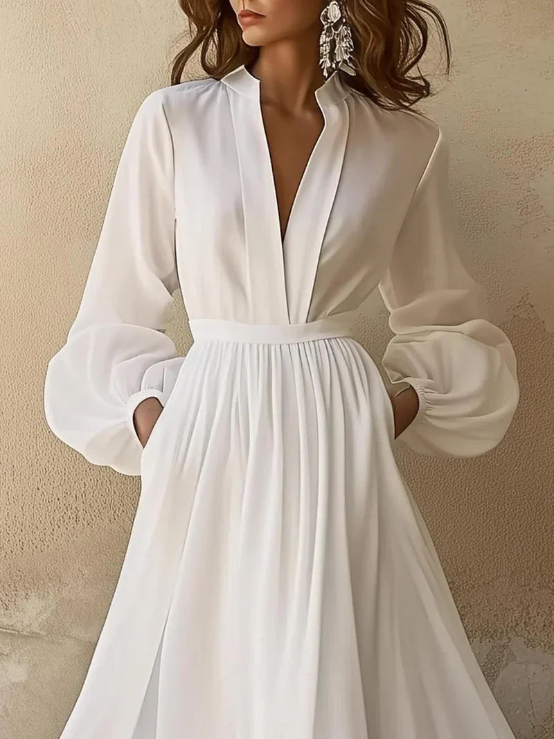 Women’s Maxi Dress – Pleated Skirt – Long Sleeves – V-Neck