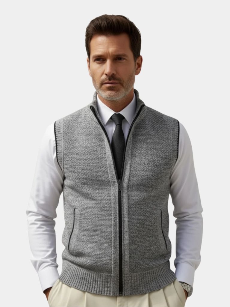 Men’s Knit Vest – Zip-Up Front – Soft Texture – Smart Collar