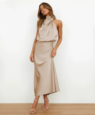 Women’s Midi Dress – Satin Feel – Halter Neck – Draped Detail