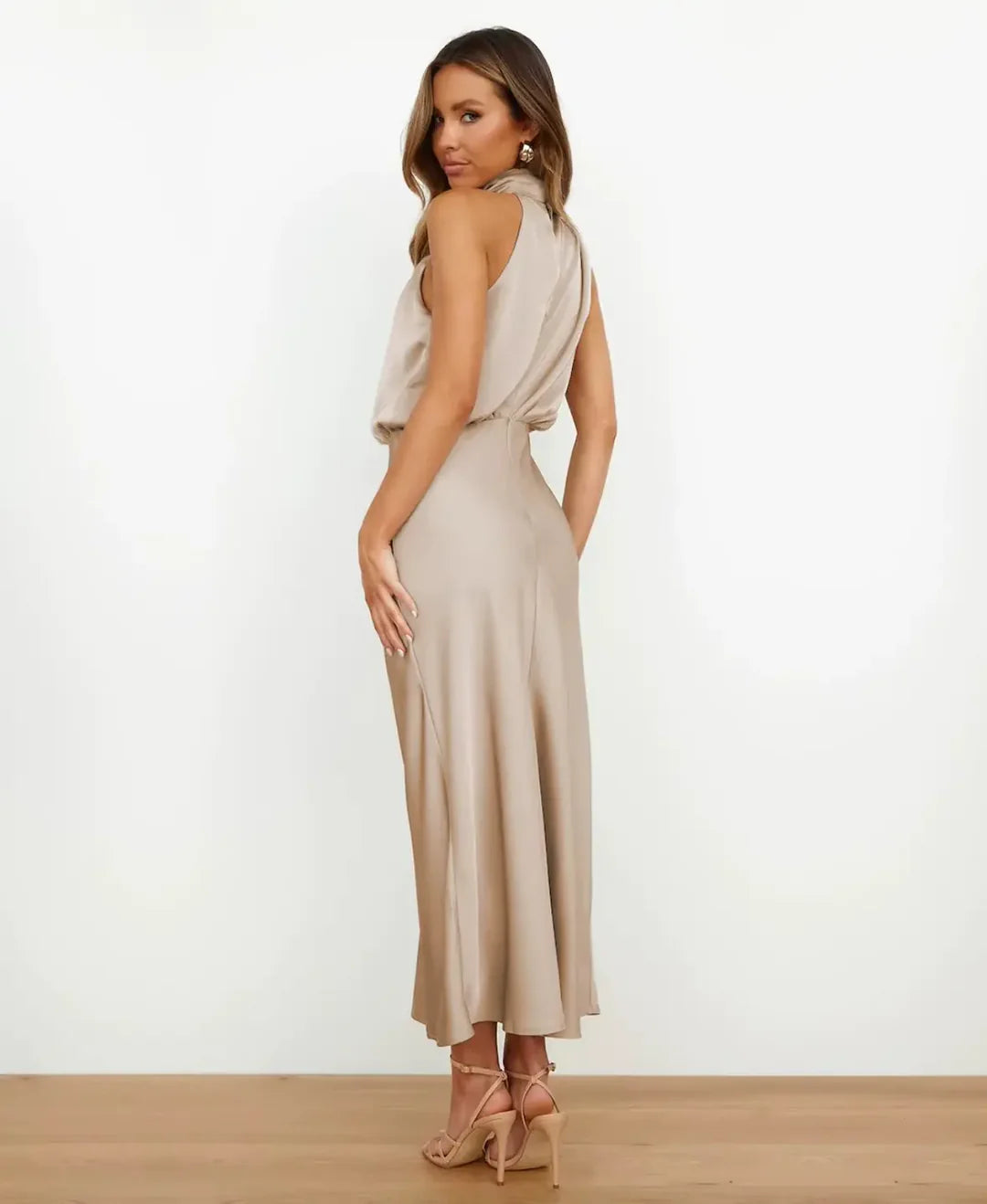 Women’s Midi Dress – Satin Feel – Halter Neck – Draped Detail