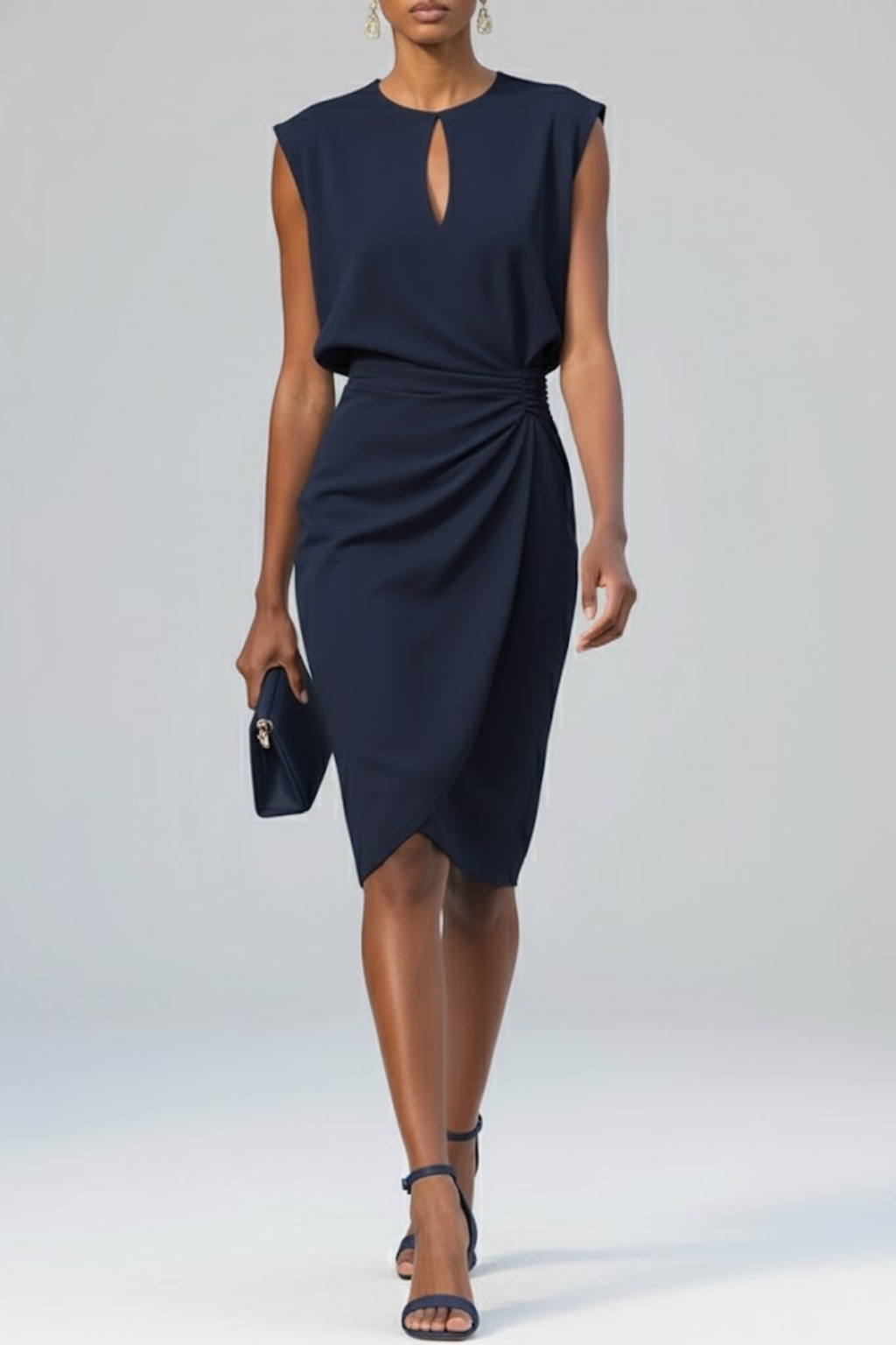 Women’s Midi Dress – Keyhole Neck – Ruched Waist – Sleeveless