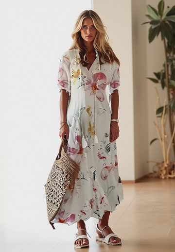Women’s Maxi Dress – Floral Print – Tie Neck – Flowy Fit