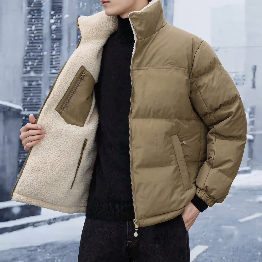 Men’s Reversible Puffer Jacket – Fleece Lining – Warm – Zipper Closure