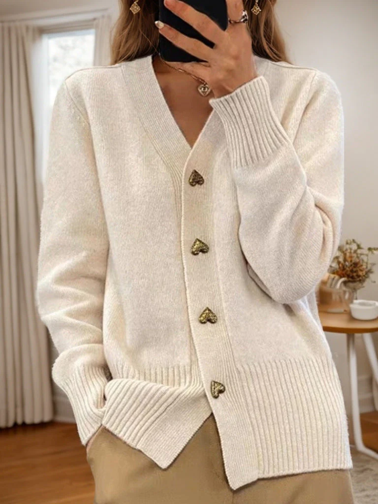 Women’s Cardigan – Soft Knit Feel – Heart-Shaped Buttons – Ribbed Hem