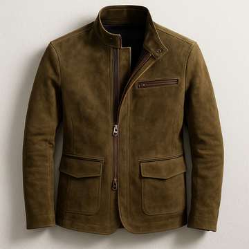 Men’s Suede Jacket – Stand Collar – Multiple Pockets – Zip Closure