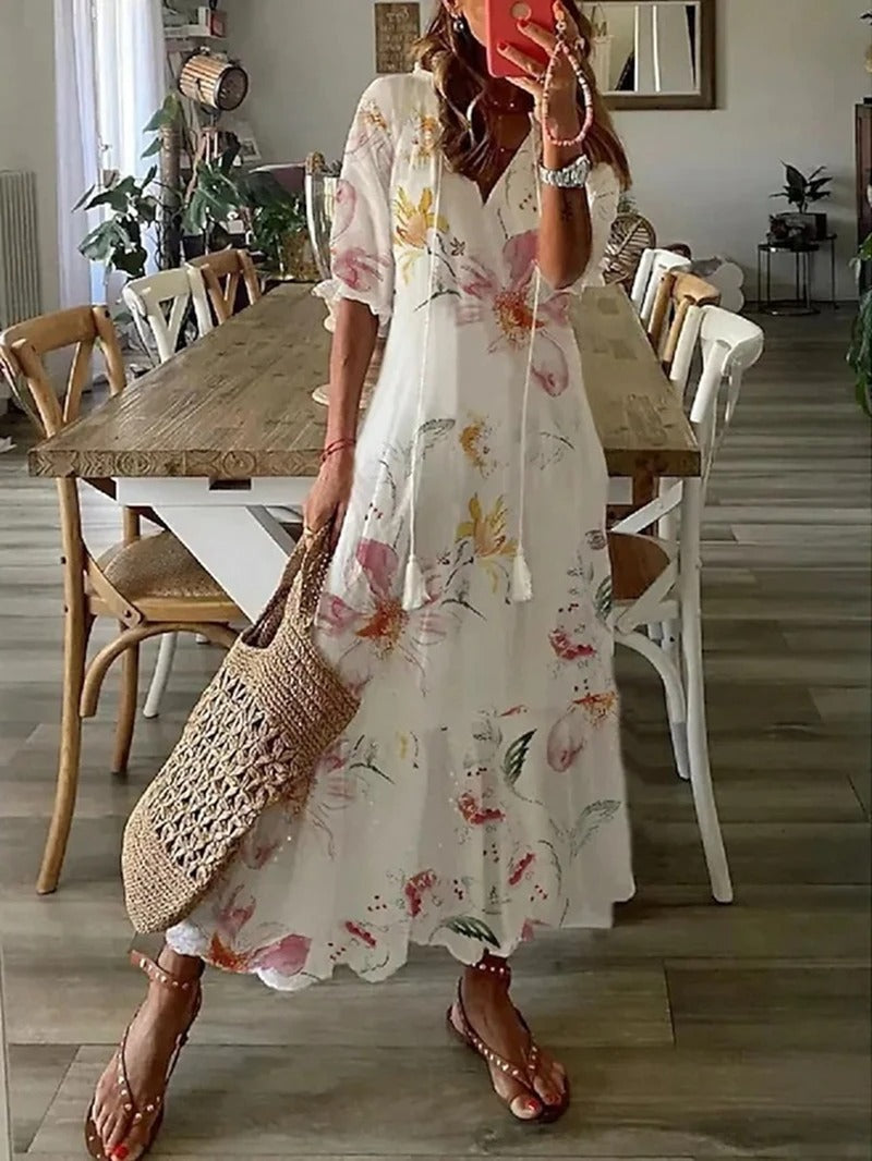 Women’s Maxi Dress – Floral Print – Tie Neck – Flowy Fit
